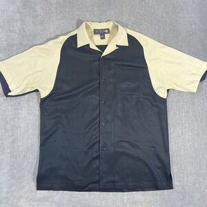 Nat Nast Mens Medium Silk Tan Black Bowling Style Short Sleeve Button Up Shirt